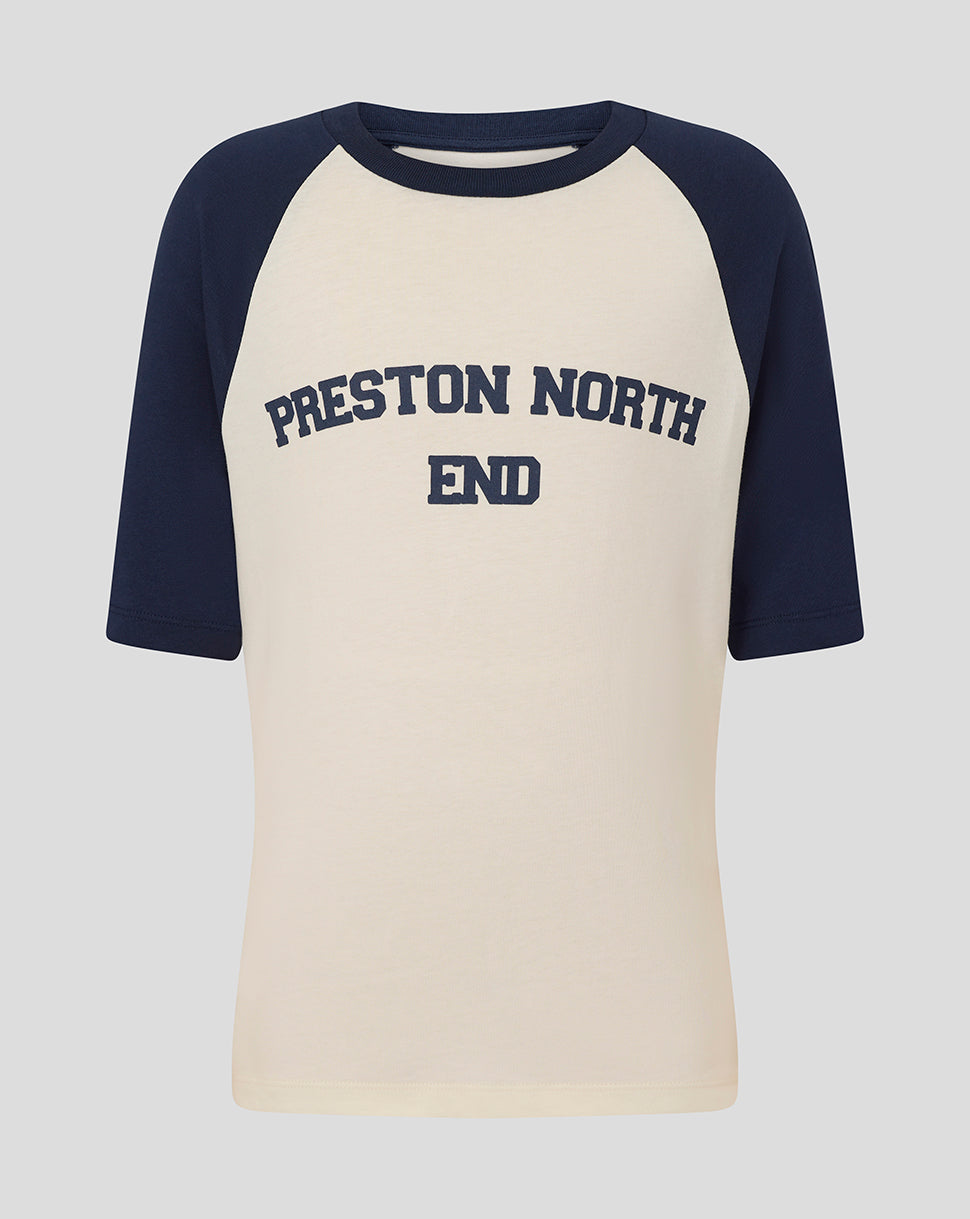 Beige raglan tee with navy sleeves and Preston North End lettering across the chest