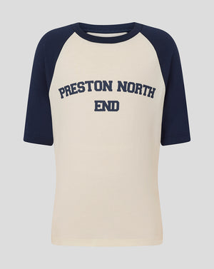 Beige raglan tee with navy sleeves and Preston North End lettering across the chest