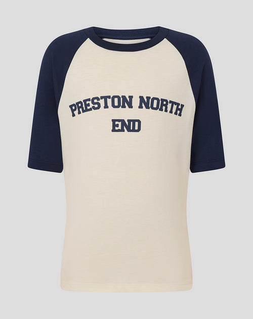 Beige raglan tee with navy sleeves and Preston North End lettering across the chest