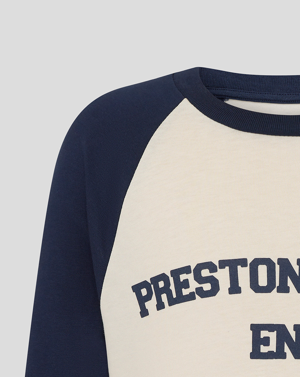 Close up of front beige raglan tee showing navy sleeves and curved Preston North End lettering