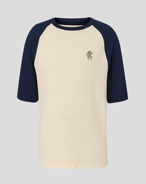 Rangers junior raglan tee with cream body navy sleeves and club crest on chest
