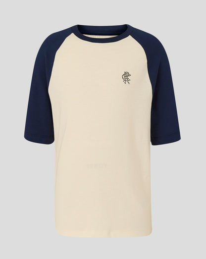 Rangers junior raglan tee with cream body navy sleeves and club crest on chest