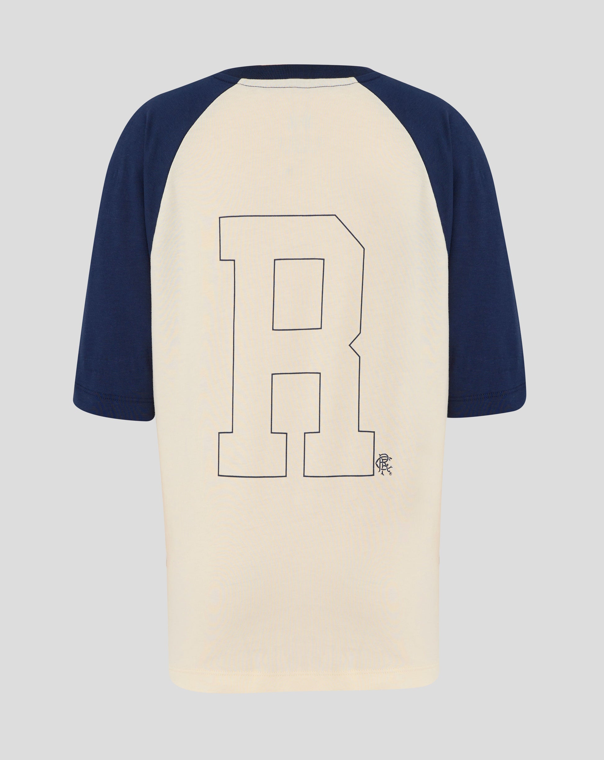 Back view of cream Rangers Raglan Tee with navy sleeves and a large outlined graphic on the back.