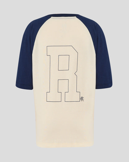 Back view of cream Rangers Raglan Tee with navy sleeves and a large outlined graphic on the back.