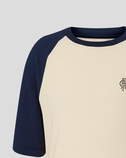 Close up of the collar and shoulder on a cream Rangers Raglan Tee with navy sleeves and a large front outline.