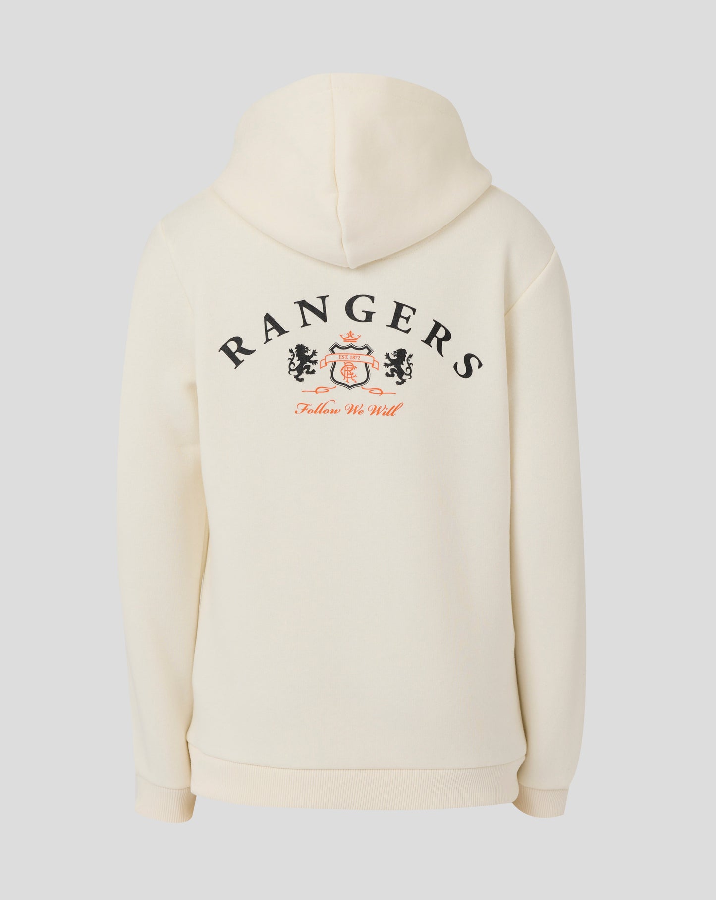Rear view of cream Rangers hoodie with hood up