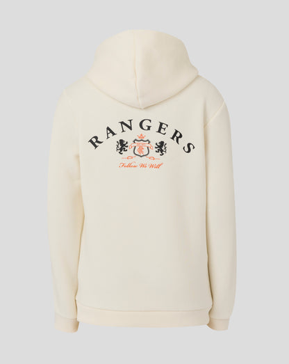 Rear view of cream Rangers hoodie with hood up