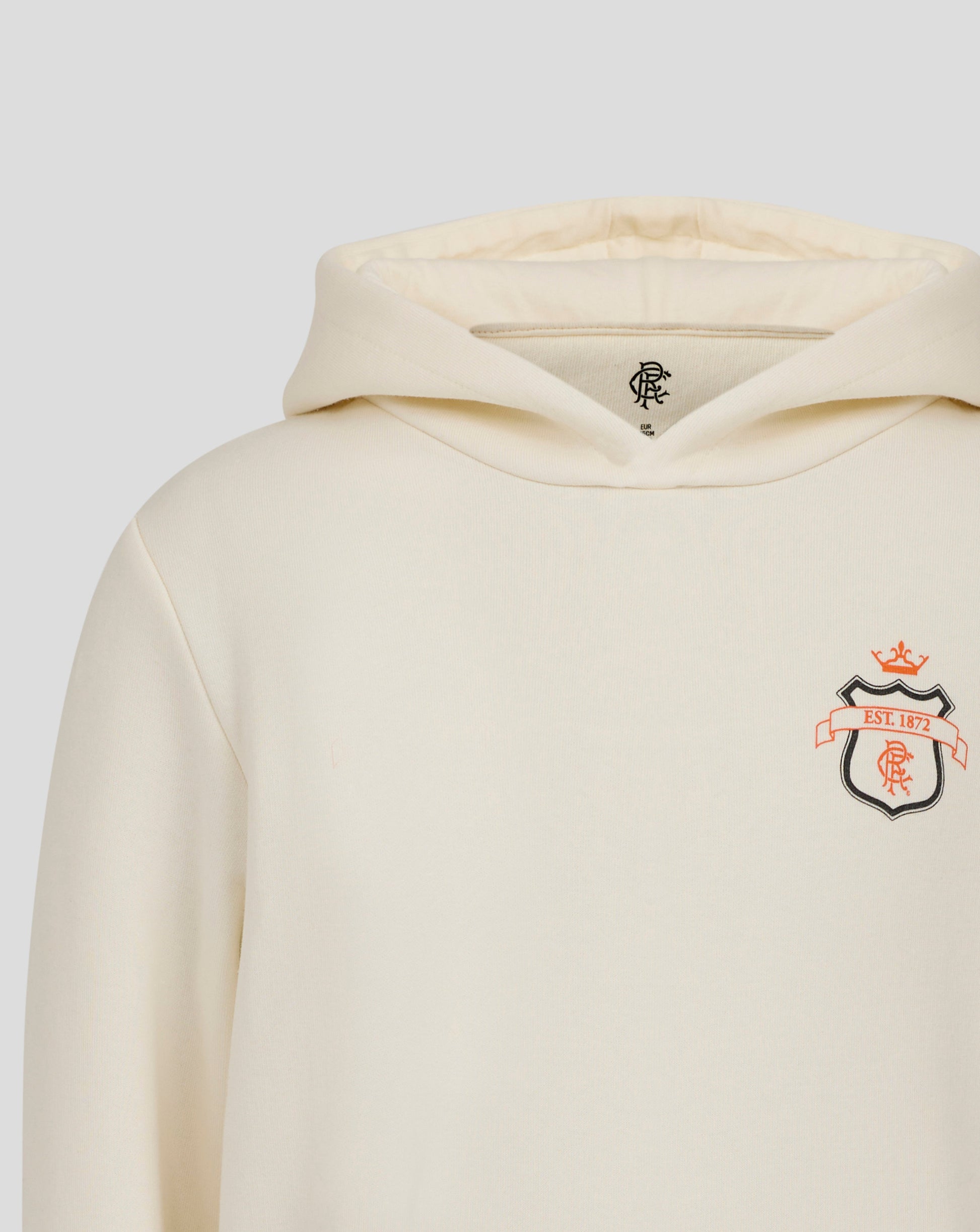 Close up of cream Rangers hoodie neckline with small black crest logo