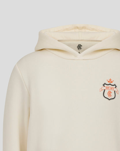Close up of cream Rangers hoodie neckline with small black crest logo