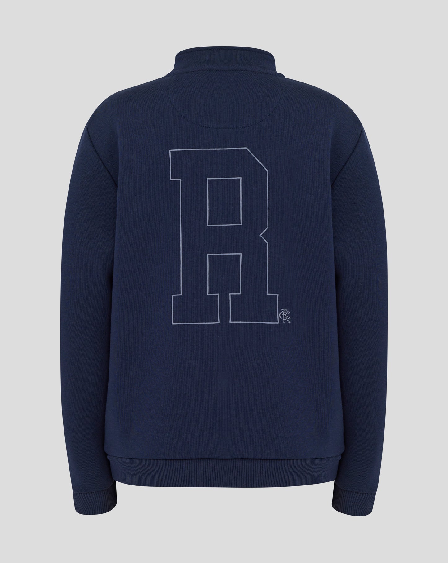 Back view of navy Rangers quarter zip featuring an oversized outlined graphic across the back.