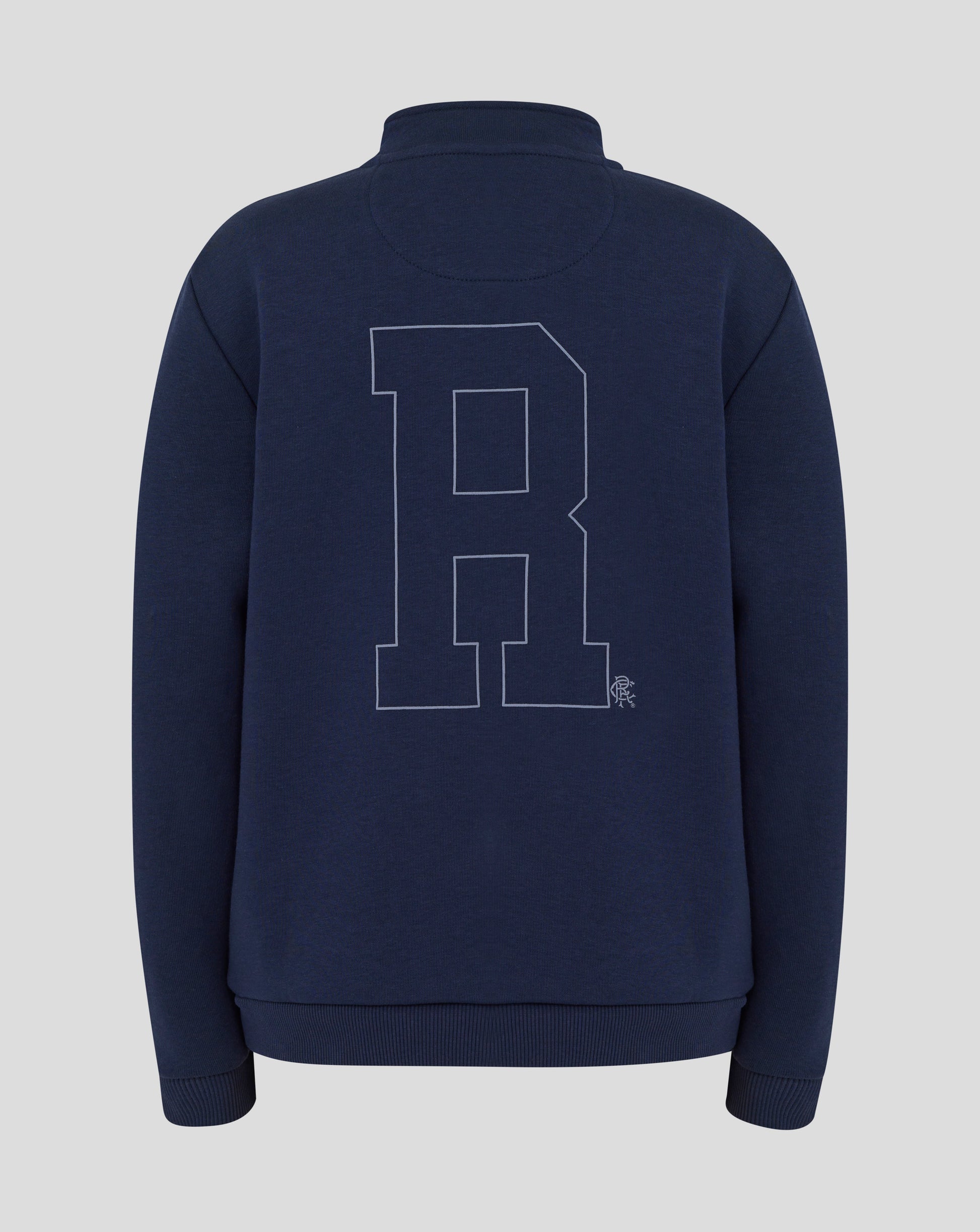 Back view of navy Rangers quarter zip featuring an oversized outlined graphic across the back.