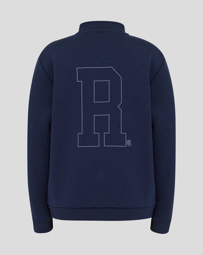 Back view of navy Rangers quarter zip featuring an oversized outlined graphic across the back.