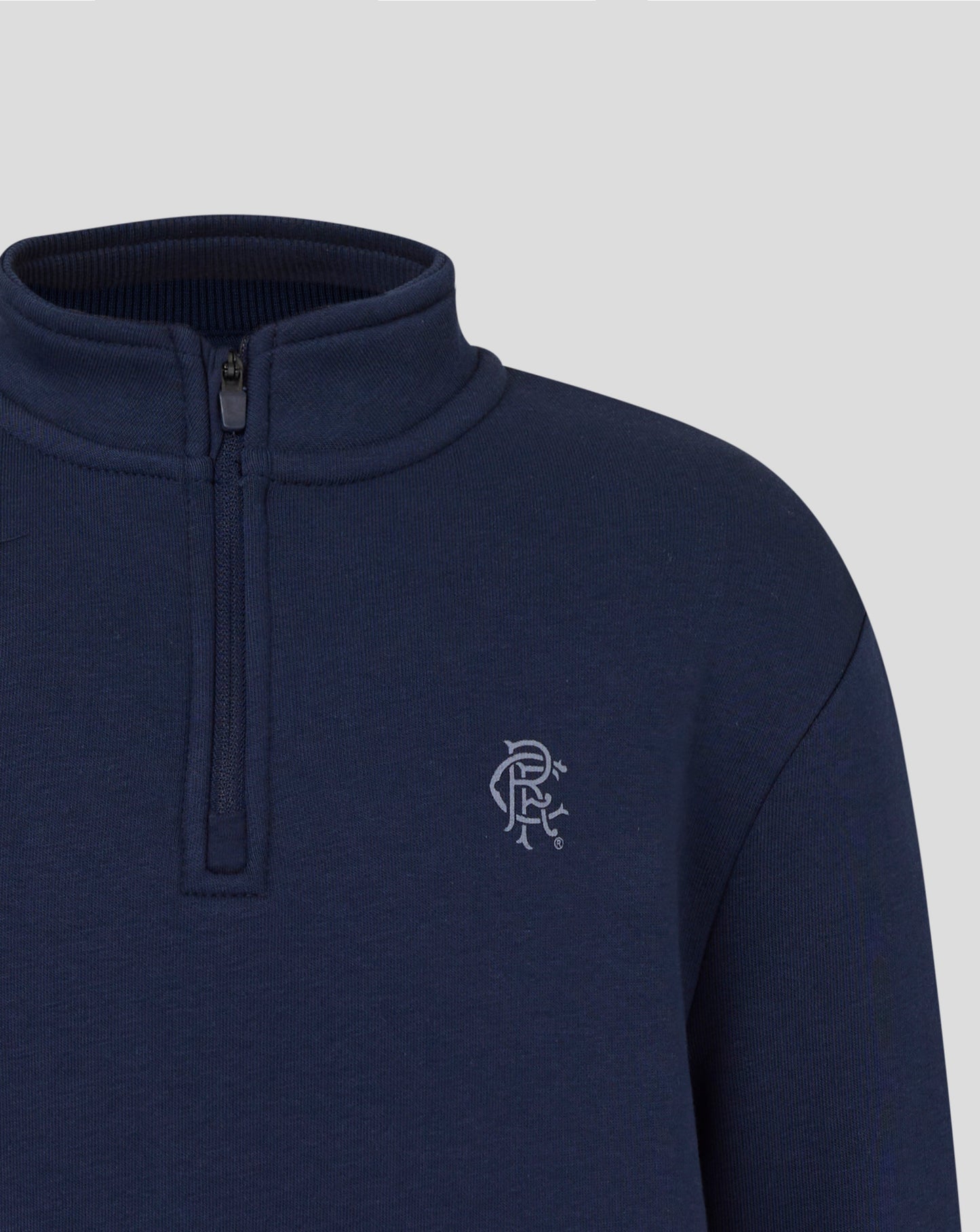 Back view of navy Rangers sweatshirt showing the back neck and a partial large graphic on mid back.