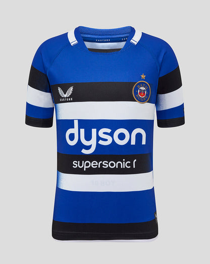 Bath Rugby junior home replica shirt front view with bold blue white and black horizontal stripes and Dyson sponsor.