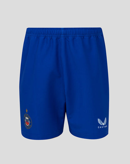 Front view of Bath Rugby Junior 25/26 home replica shorts in blue with Bath crest on left leg and Castore logo on right leg