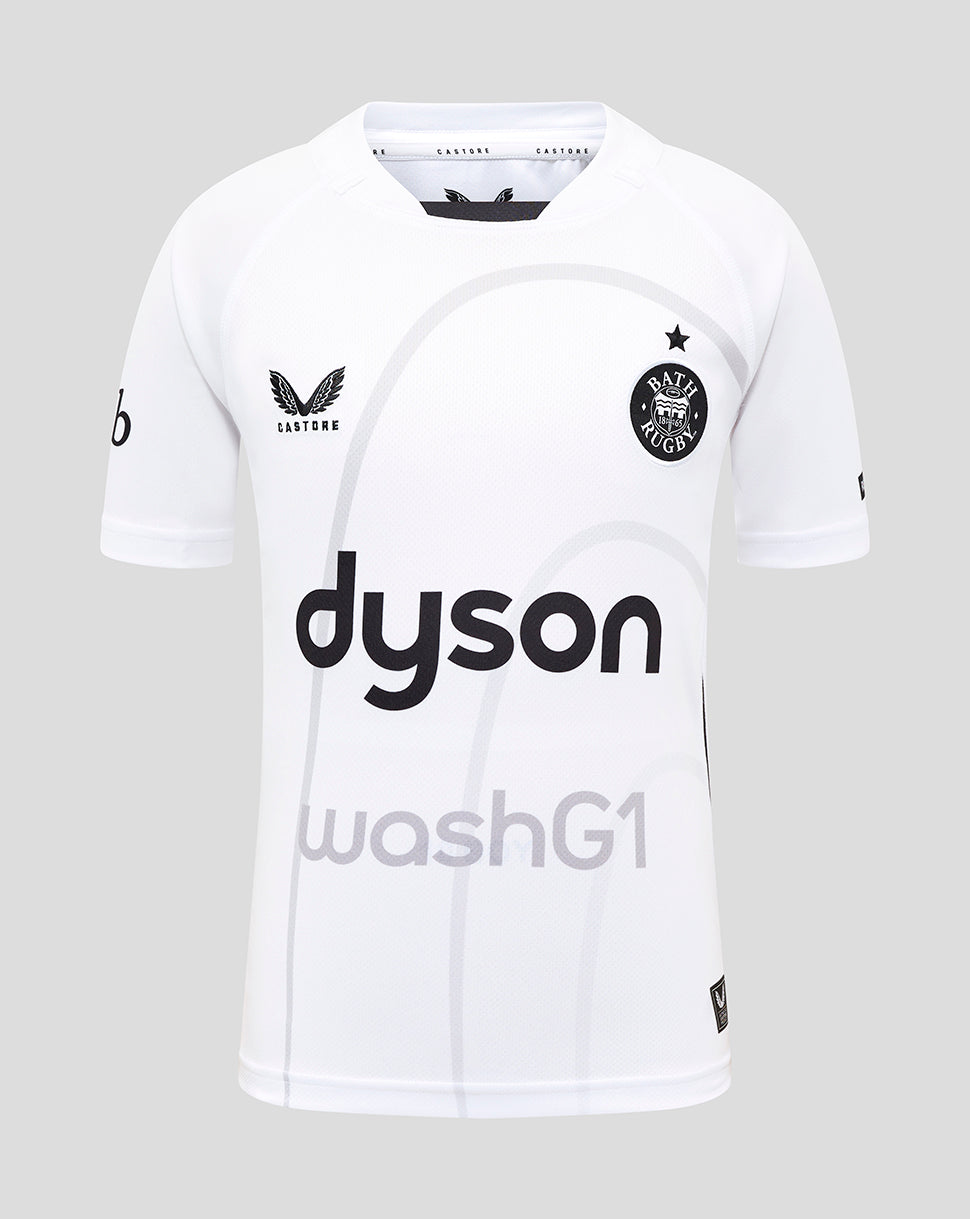 Bath Rugby junior away replica jersey front view in white with Dyson sponsorship across the chest and club crest