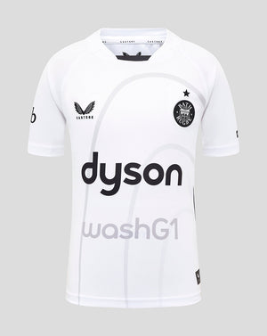 Bath Rugby junior away replica jersey front view in white with Dyson sponsorship across the chest and club crest