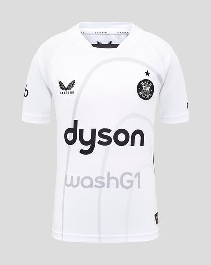 Bath Rugby junior away replica jersey front view in white with Dyson sponsorship across the chest and club crest