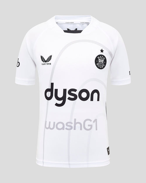 Bath Rugby junior away replica jersey front view in white with Dyson sponsorship across the chest and club crest