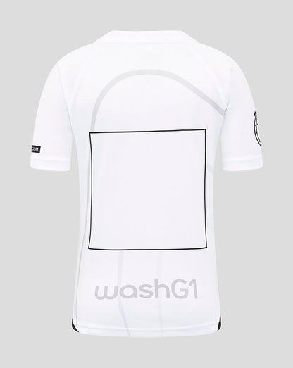Back view of Bath Rugby Junior Away Replica Shirt in white with a large black outlined square on the back
