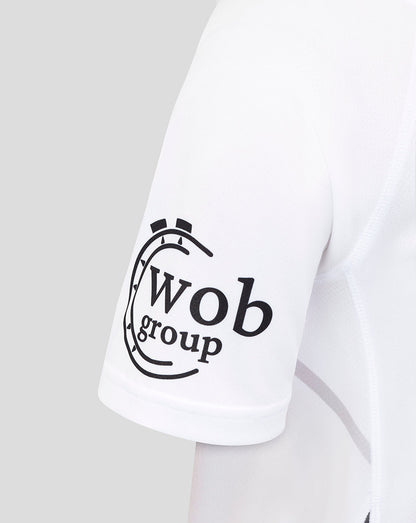 Sleeve of white Bath Rugby away shirt displaying the Wob group sponsor logo near the cuff