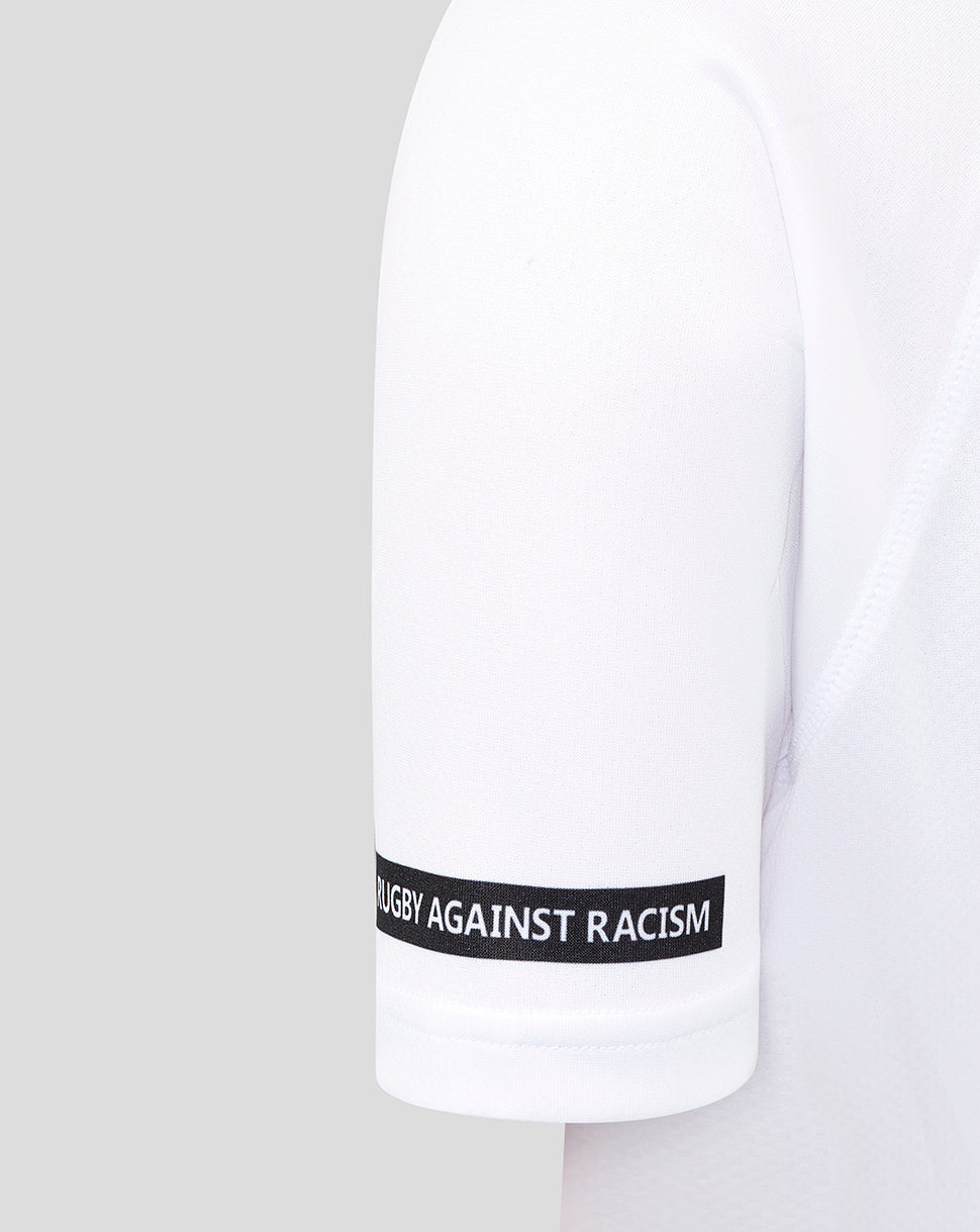 White Bath Rugby away shirt sleeve featuring a black Rugby Against Racism band around the cuff