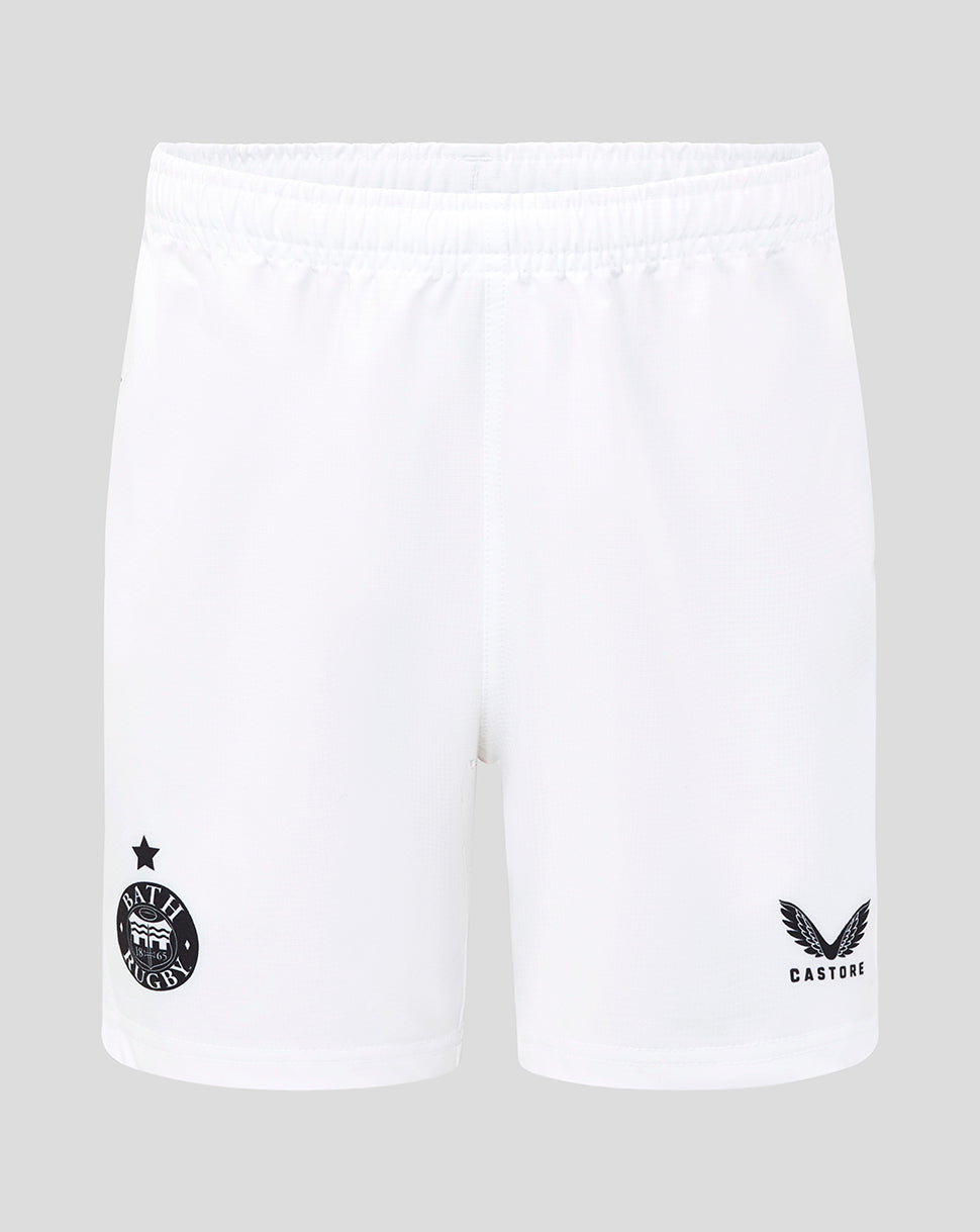 Front view of white Bath Rugby Junior Away Shorts with the Bath Rugby crest on the left leg and Castore logo on the right