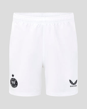 Front view of white Bath Rugby Junior Away Shorts with the Bath Rugby crest on the left leg and Castore logo on the right