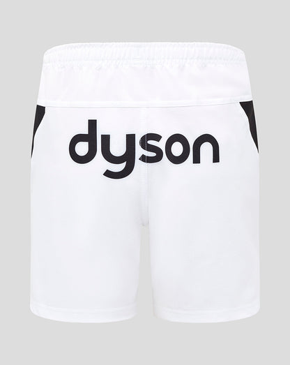 Back view of white Bath Rugby junior away replica shorts with a bold black Dyson logo across the rear.