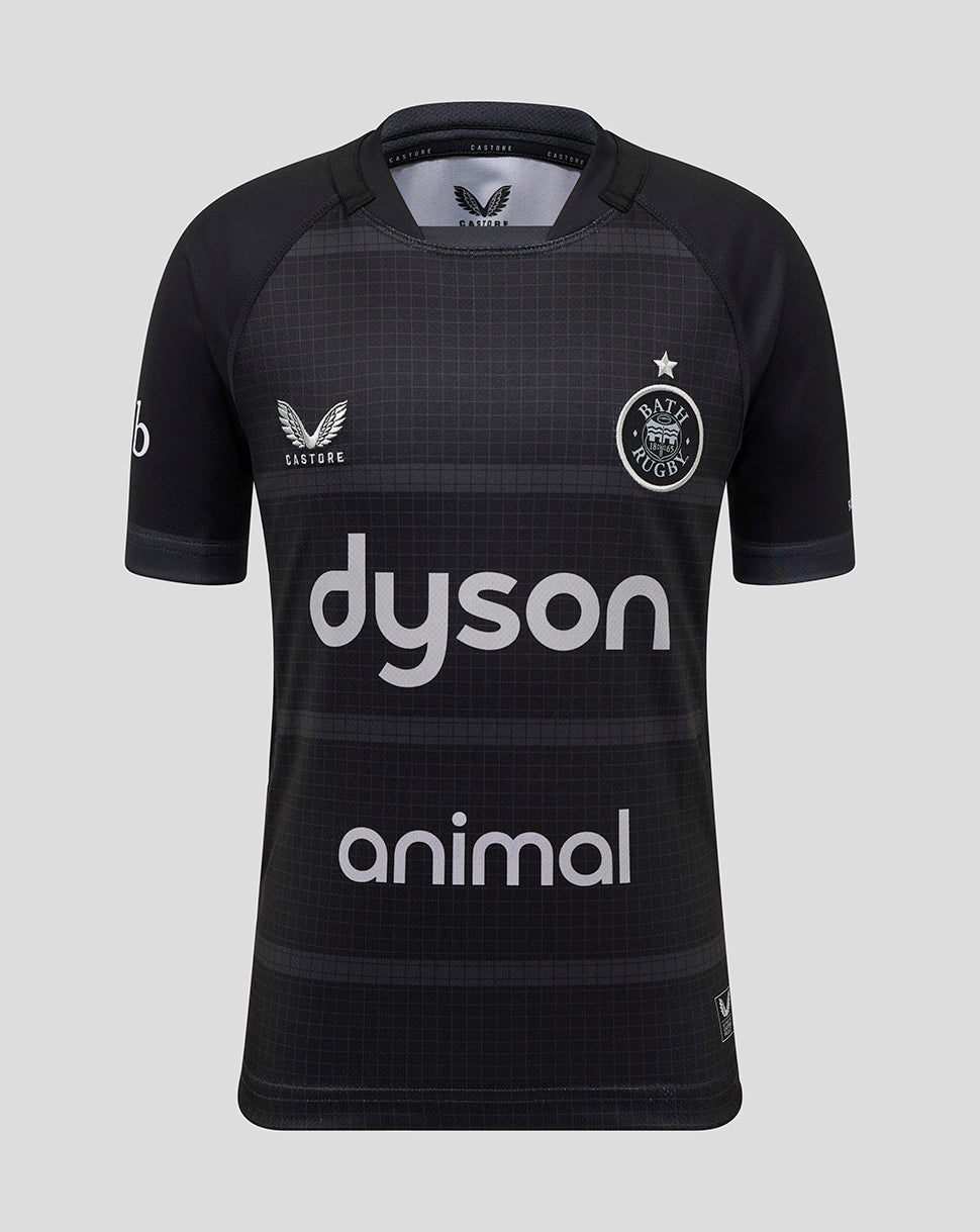 Front view of black Bath Rugby Junior Replica Shirt with Dyson sponsor and Bath Rugby crest on the chest