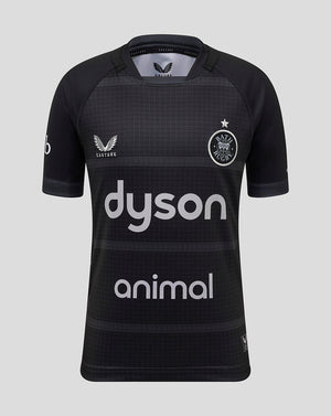 Front view of black Bath Rugby Junior Replica Shirt with Dyson sponsor and Bath Rugby crest on the chest