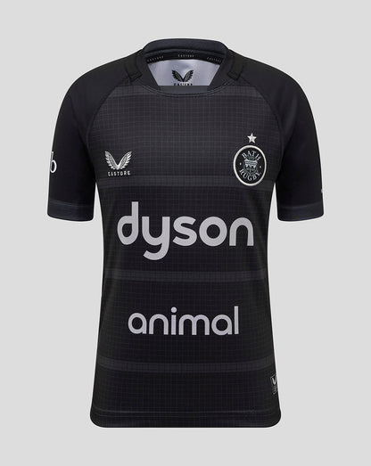Front view of black Bath Rugby Junior Replica Shirt with Dyson sponsor and Bath Rugby crest on the chest