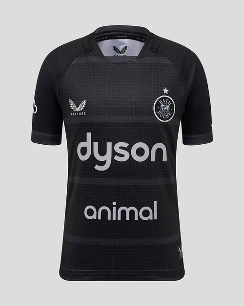 Front view of black Bath Rugby Junior Replica Shirt with Dyson sponsor and Bath Rugby crest on the chest