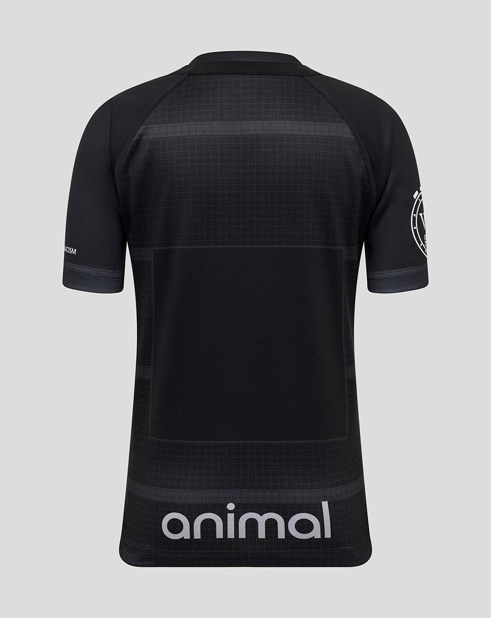 Back of black Bath Rugby shirt showing a subtle grid pattern and the Animal logo at the lower hem.