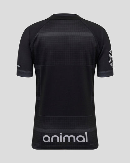Back of black Bath Rugby shirt showing a subtle grid pattern and the Animal logo at the lower hem.