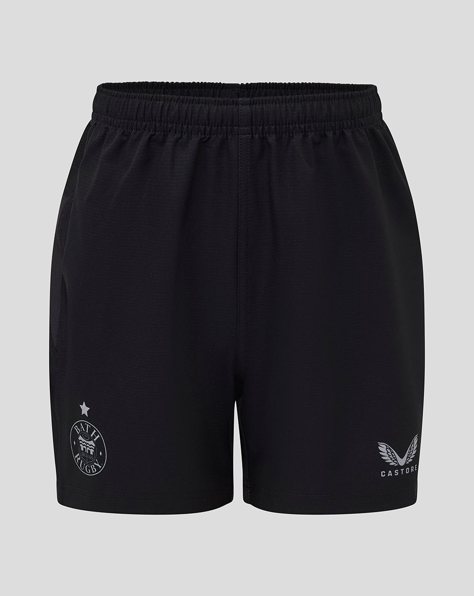 Junior Bath Rugby shorts in black with team badge on left leg and Castore logo on right