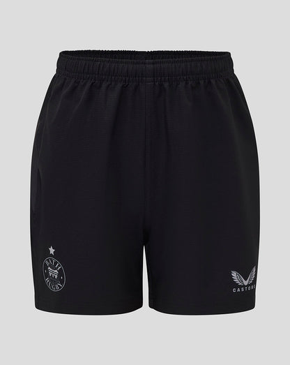 Junior Bath Rugby shorts in black with team badge on left leg and Castore logo on right
