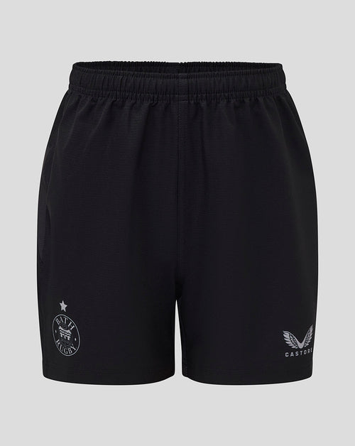 Junior Bath Rugby shorts in black with team badge on left leg and Castore logo on right