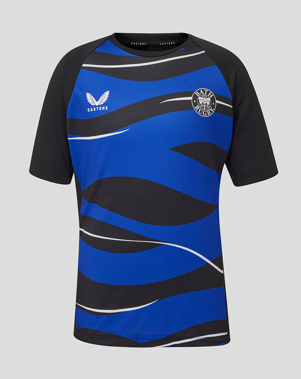 Bath Rugby junior short sleeve tee with blue black graphic and Bath crest.