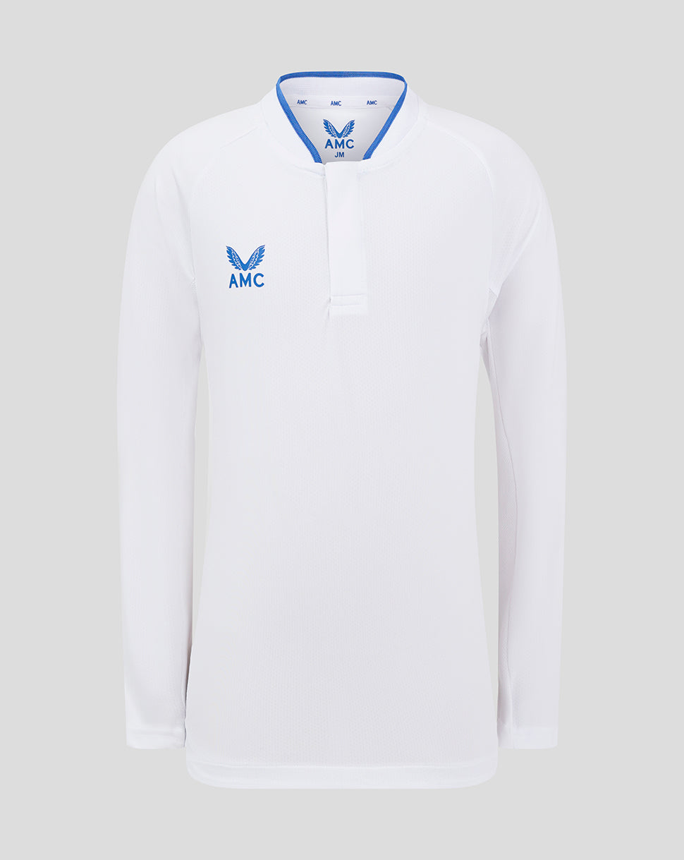 White long sleeve polo with blue AMC logo on the chest and blue collar trim