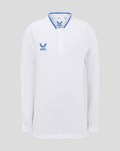 White long sleeve polo with blue AMC logo on the chest and blue collar trim