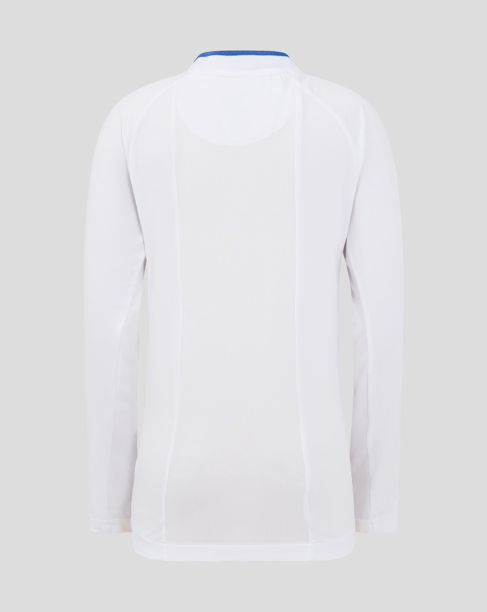 Back view of white long sleeve polo featuring a blue trimmed collar and mesh panel down the spine