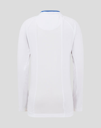 Back view of white long sleeve polo featuring a blue trimmed collar and mesh panel down the spine