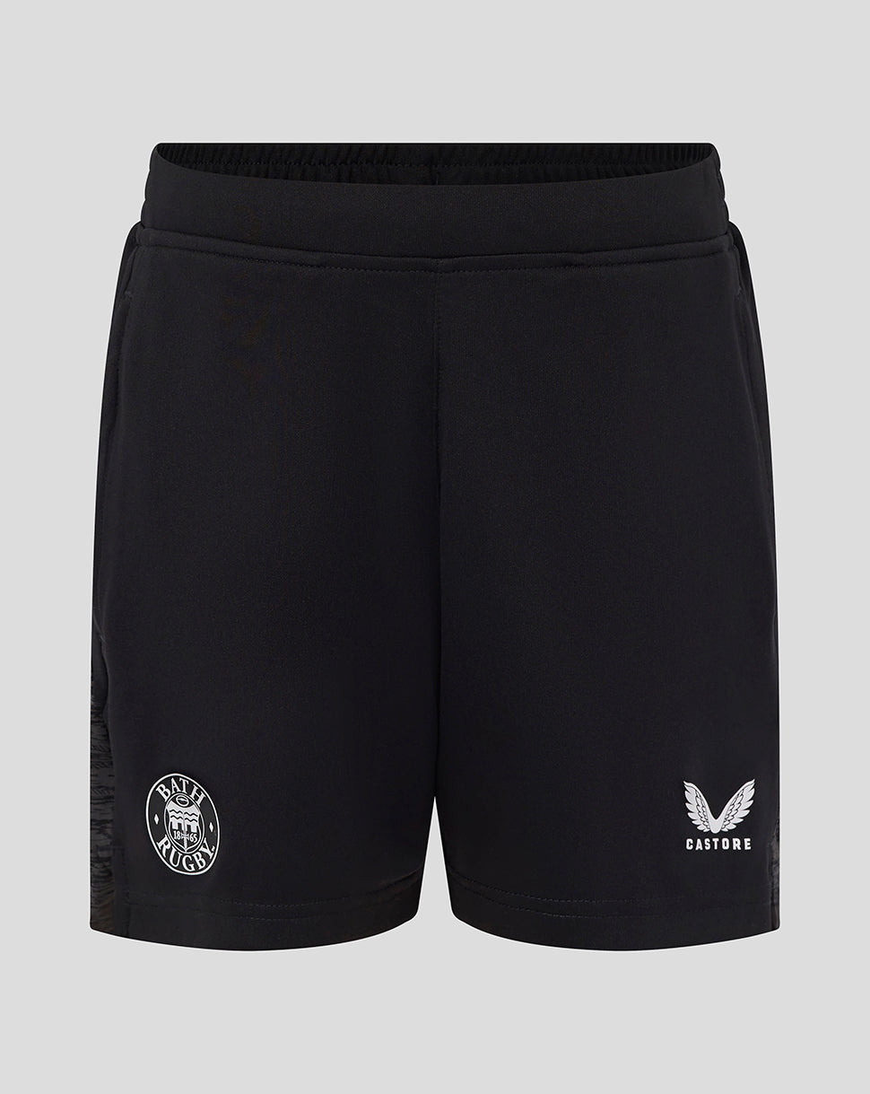 Bath Rugby junior black training knit shorts with Bath Rugby crest on left leg and Castore logo on right leg