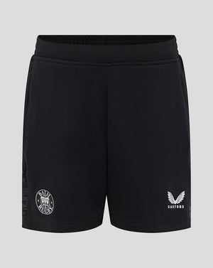 Bath Rugby junior black training knit shorts with Bath Rugby crest on left leg and Castore logo on right leg