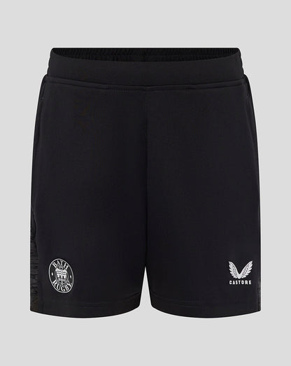 Bath Rugby junior black training knit shorts with Bath Rugby crest on left leg and Castore logo on right leg