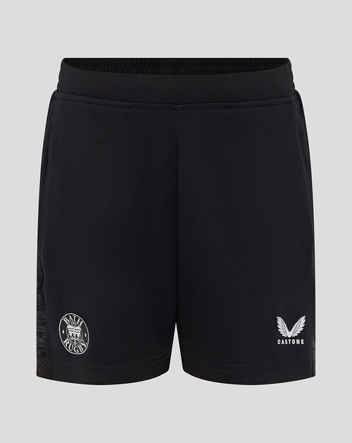 Bath Rugby junior black training knit shorts with Bath Rugby crest on left leg and Castore logo on right leg