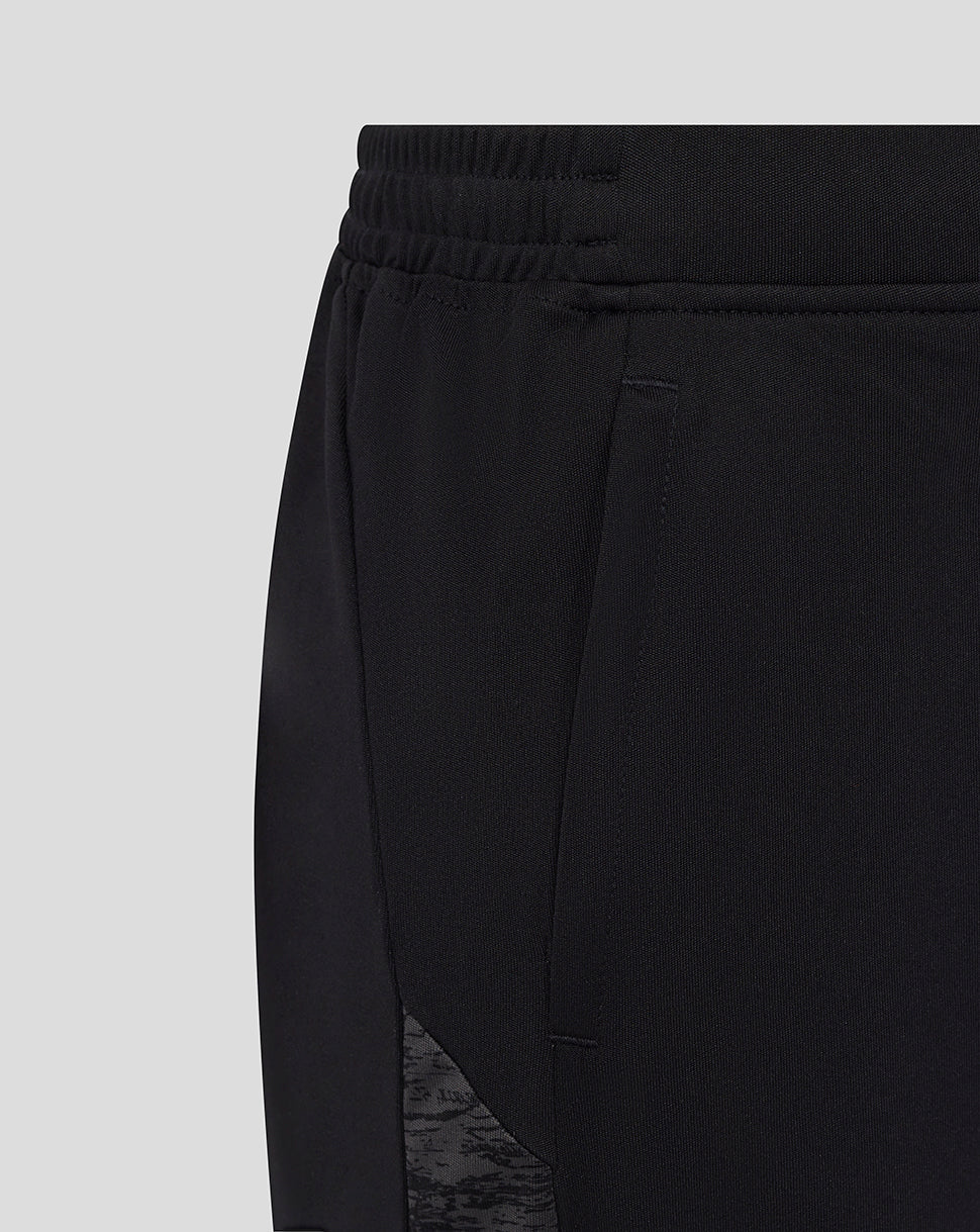 Close-up of the waistband and side panel with a camo insert on black Bath Rugby training shorts.
