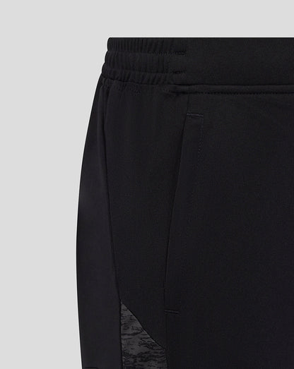 Close-up of the waistband and side panel with a camo insert on black Bath Rugby training shorts.