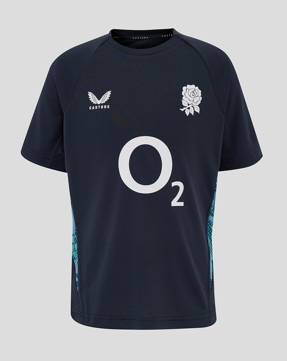Junior navy England Rugby Performance Short Sleeve T shirt with O2 logo center, rose crest on left chest and teal side panels
